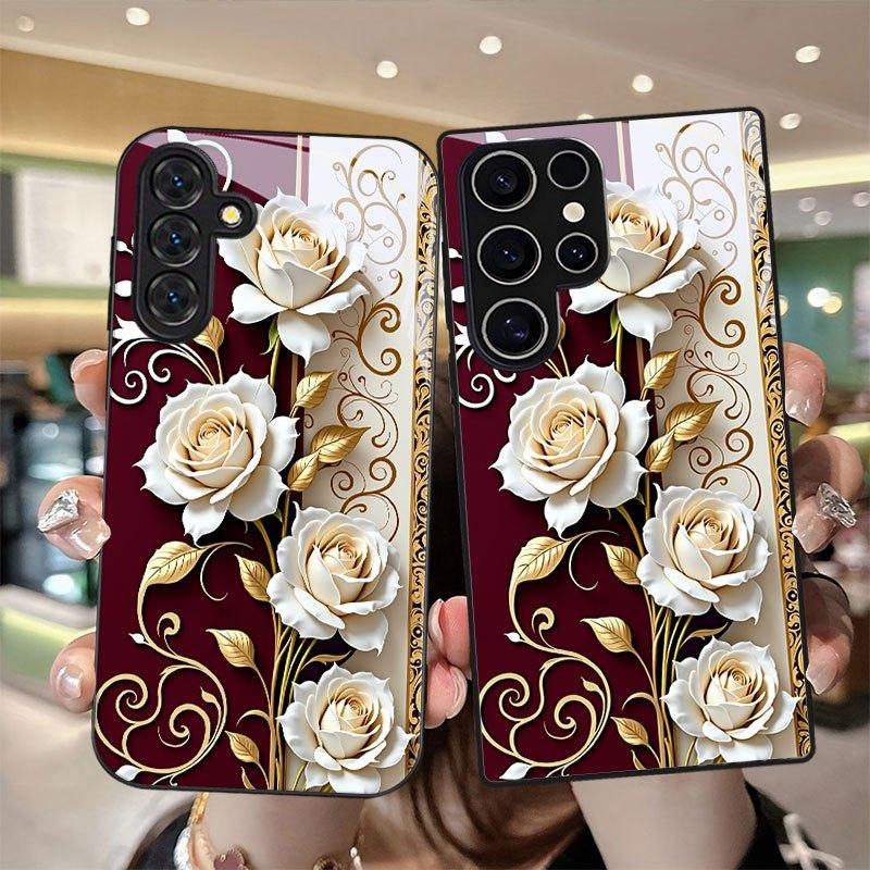 Luxury Floral Rose Gold Glass Phone Case Mobile Phones Fashion Phone Cases for Samsung Galaxy S26 S25 S24 S23 S22 FE Ultra Plus