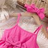 2-7Y Children's Clothing Short Sleeve Suit Girls' Spring/summer New Solid Colour Halter Short Sleeve + Trousers Suit with Hair Band