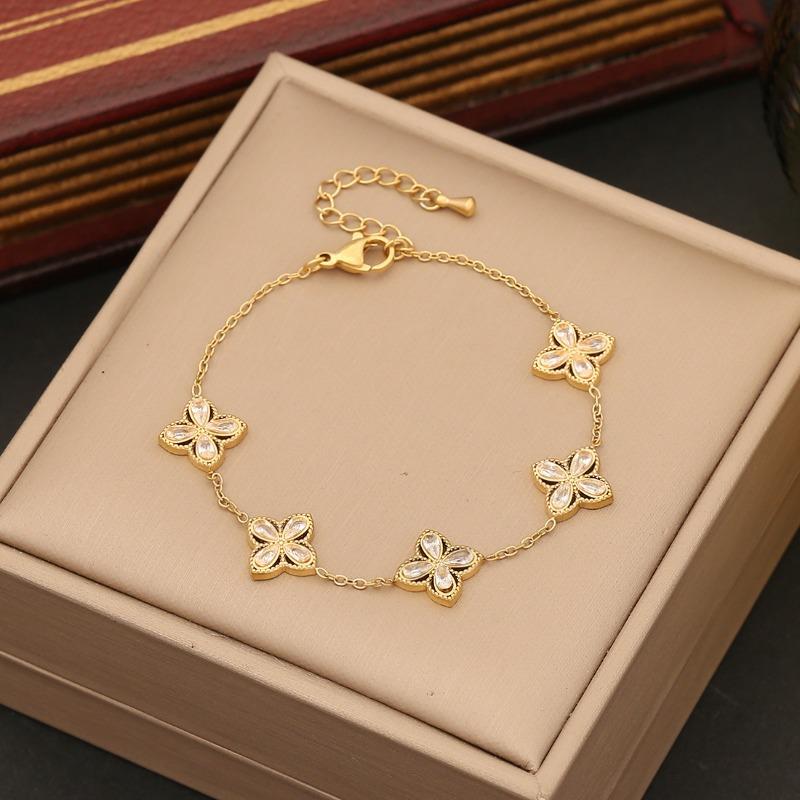 Gold Plated Stainless Steel Multi-Color Clover Charm Bracelet