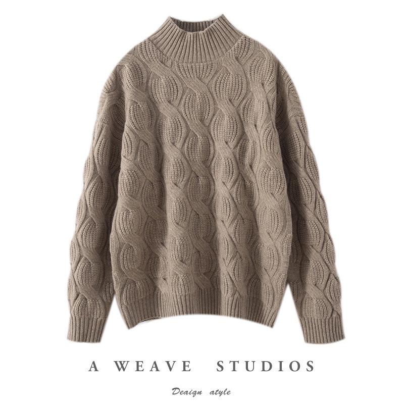 Women's Red 100% Pure Wool Lantern Sleeve Sweater with Half-High Collar and Twist Pattern - Loose Knit Pullover