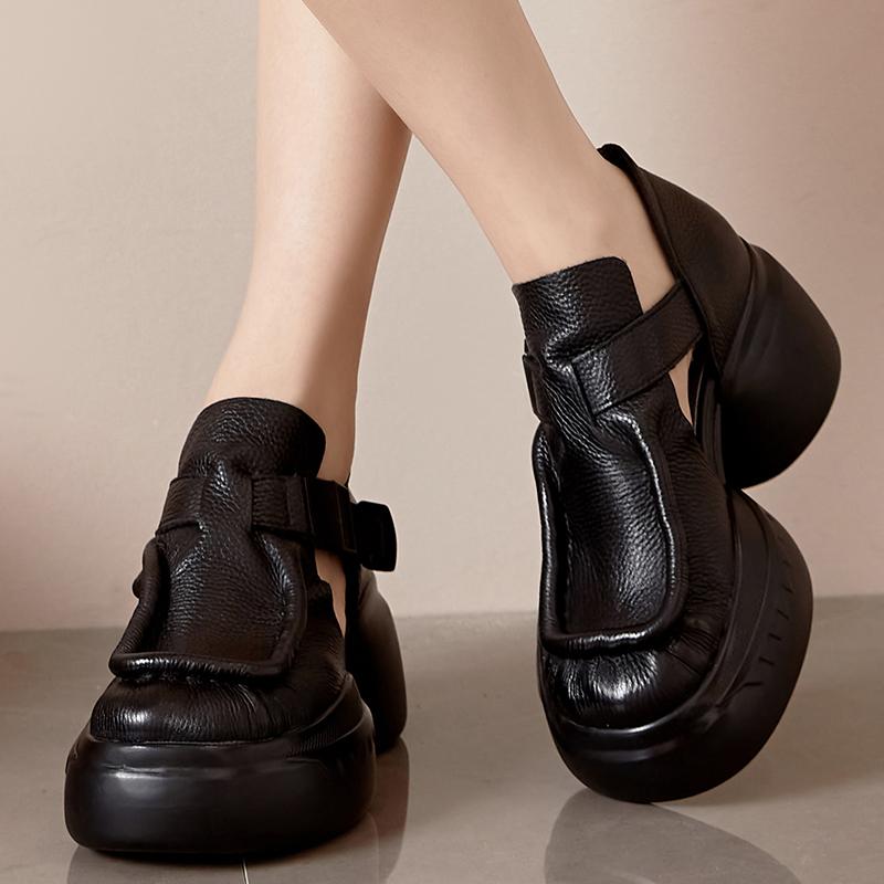 Fashion GKTINOO Retro Genuine Leather Thick Sole Platform Shoes Women 2025 Summer New Waterproof Comfort Round Toe Handmade Sandals