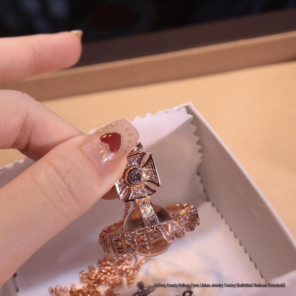 Kejsarinna änka 3D Bokstav UFO Klot Halsband & Saturnus Helt Diamant Planet Örhängen Set