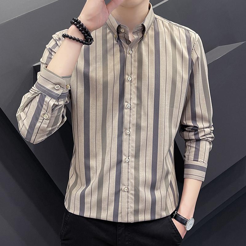 

Korean Style Men s Casual Shirt Fashion Striped Long Sleeve Slim Fit Shirts Men M хаки