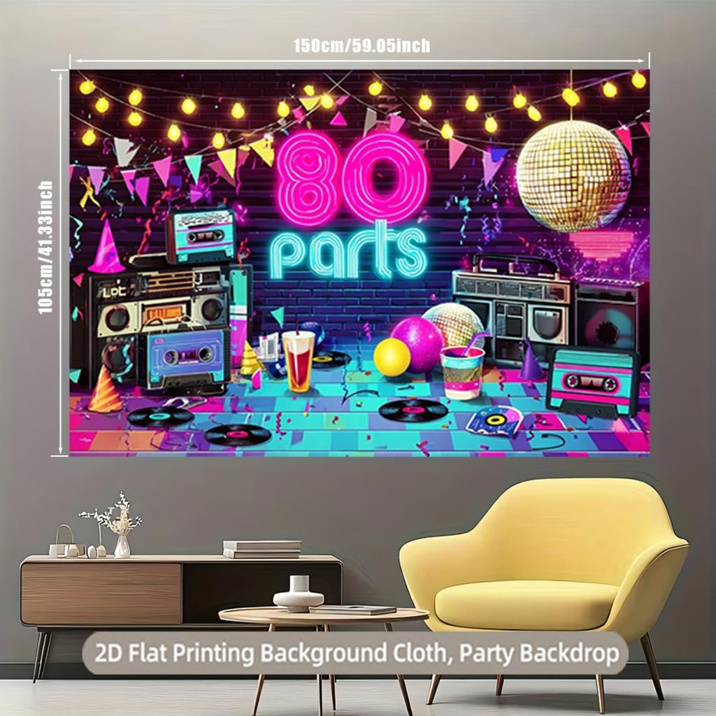 A 2D Flat Banner 1 Retro 80s Party Backdrop Banner Displaying the Neon "80 Parts" Logo