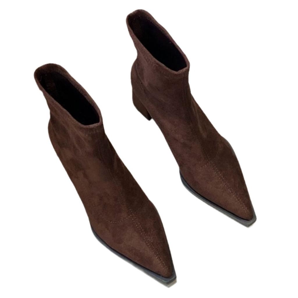 Neue Spot-Leder-Temperament-Kurzstiefel Damen 2025 Herbst und Winter neu dicke hohe Absätze Retro dünn spitz zulaufend elastisches Wildleder