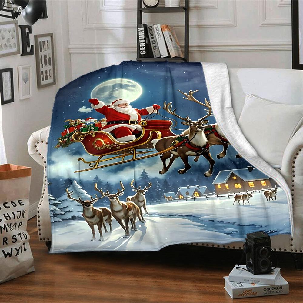 1pc Santa Claus, reindeer sleigh blanket Lightweight Flannel Throw for Sofa Bed Travel Camping Livingroom Office Couch Chair