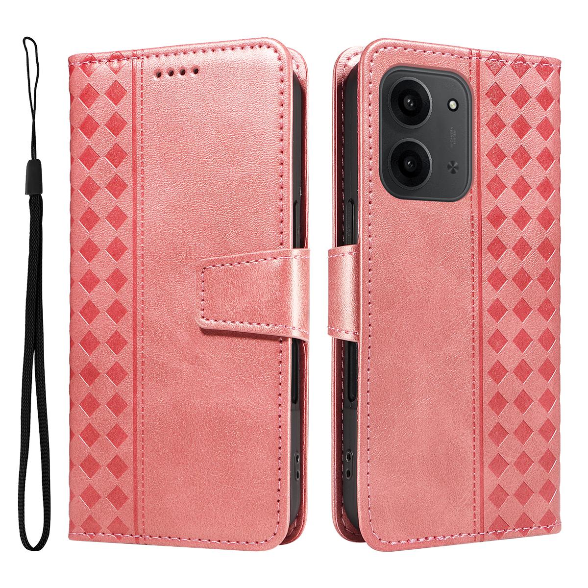 

Для Xiaomi Redmi 15C 4G (173мм) Кожаный чехол-кошелек-подставка с тиснением в виде сетки, чехол для телефона с ремешком Rose Gold