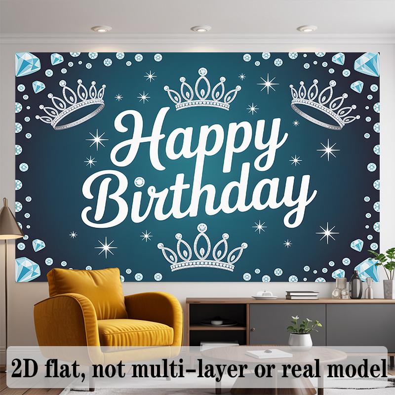 Happy Birthday Balloons and Cake Backdrop Banner, Blue Polyester for Party Decor & Photo Booth