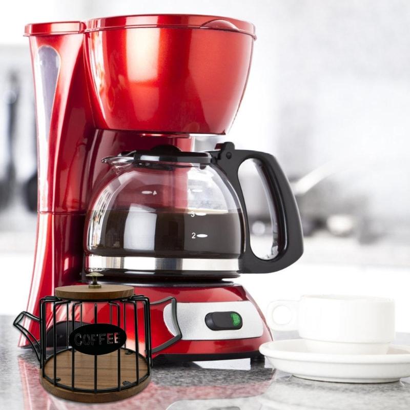 Coffee Capsules Organizer with Lid Large Capacity Espresso Pods Storage Basket Wooden Base Kitchen Countertop Cup