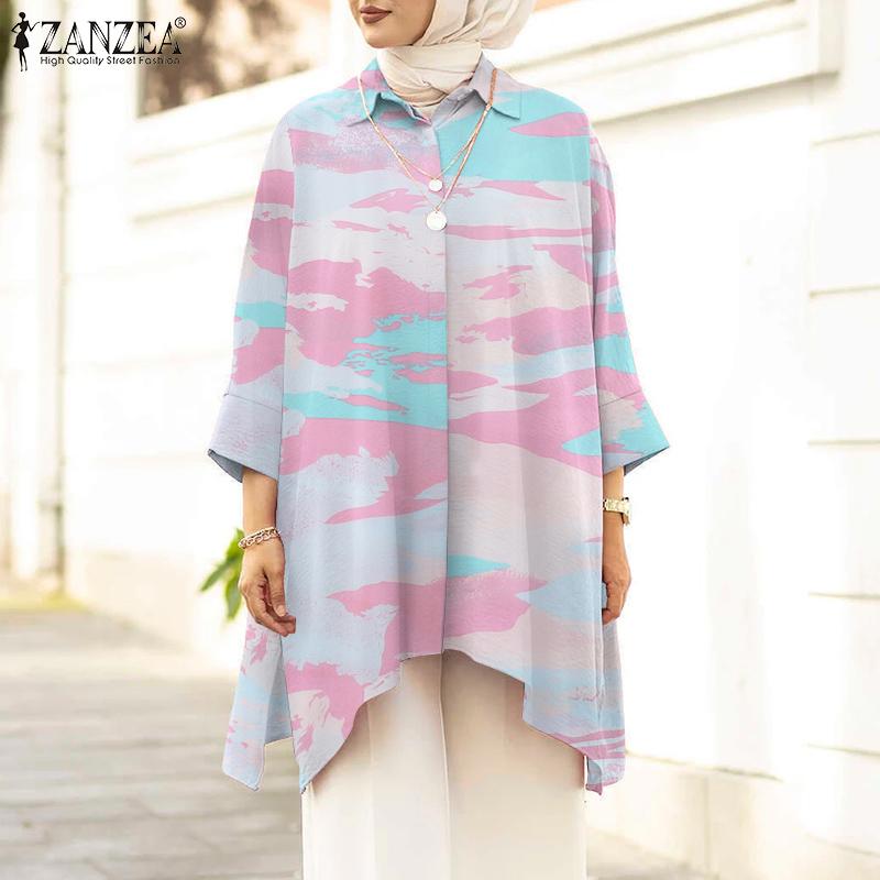 

ZANZEA Женская повседневная блузка в стиле ретро с длинными рукавами и принтом, нерегулярный подол