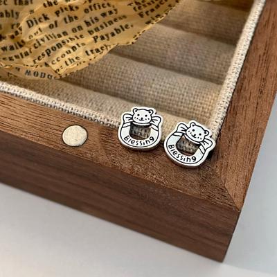 Gingerbread Man Stud Earrings Hollow Bear Teddy Silver Old Retro Men and Women Cute Exquisite Small Ear Jewelry