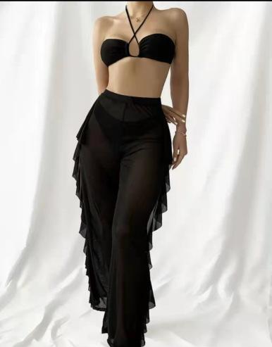 

New solid color three-piece bikini long-leg mesh swimsuit S чёрный