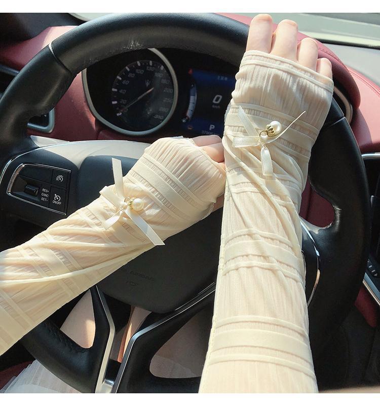 

Women s Anti-UV Ice Silk Sleeves with Pearl Bow and Lace for Cycling and Driving One Size бежевый