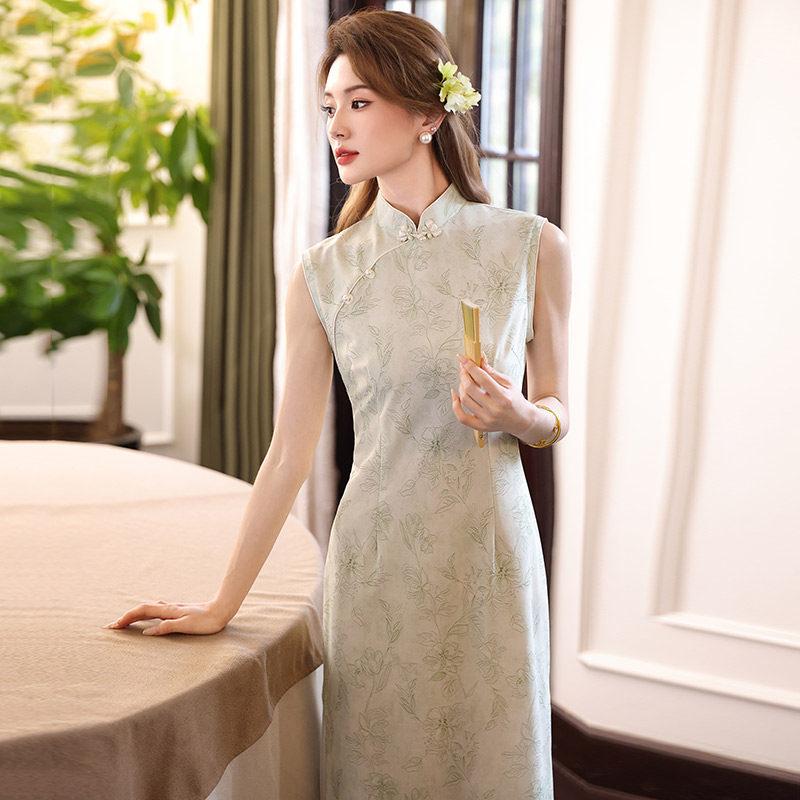 Green sleeveless national style new Chinese daily Suzhou long cheongsam improved young 1011 new women's high sense