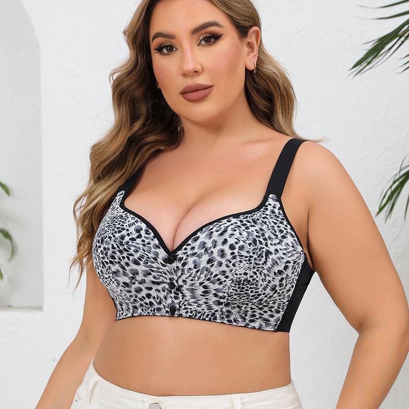 A-G Cup 36-52 Super Large Size Bra Leopard Print European and American Size Popular Steel Rim Vest Front Buckle Underwear