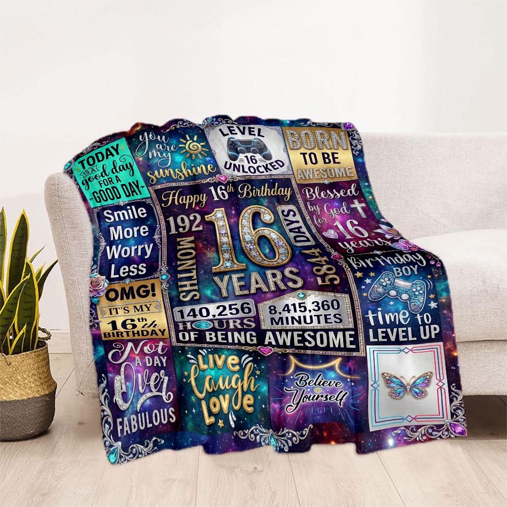 Happy 16th Birthday Celebration Flannel Blanket-Soft and Suitable for Sofas,Beds,Offices,Travel,All Seasons,Great Gift for Holidays and Birthdays.