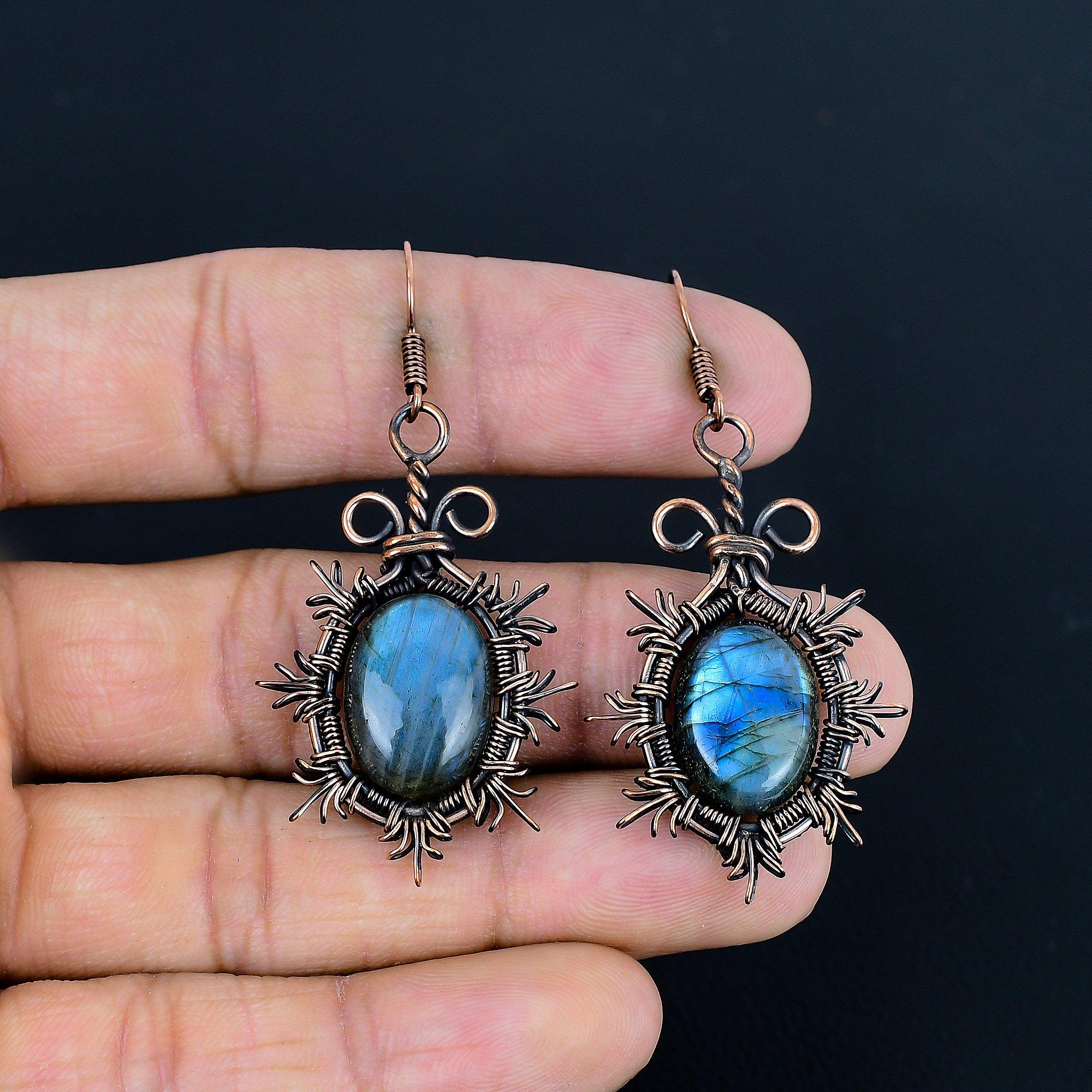 

Серьги из лабрадорита, обернутые медной проволокой 999 пробы, Ювелирные изделия с драгоценными камнями ручной работы, Подарки для жены, Совершенно новые серьги 2.36 Inches