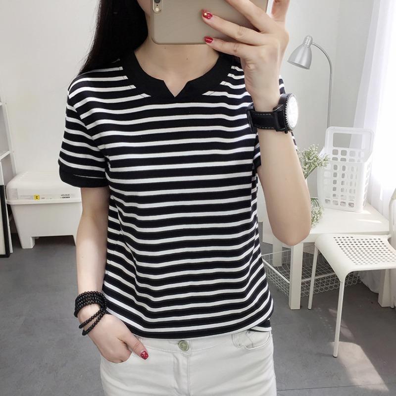 Summer Women's Loose Cotton Short-sleeved T-shirt Striped Half-sleeved Commuter Top