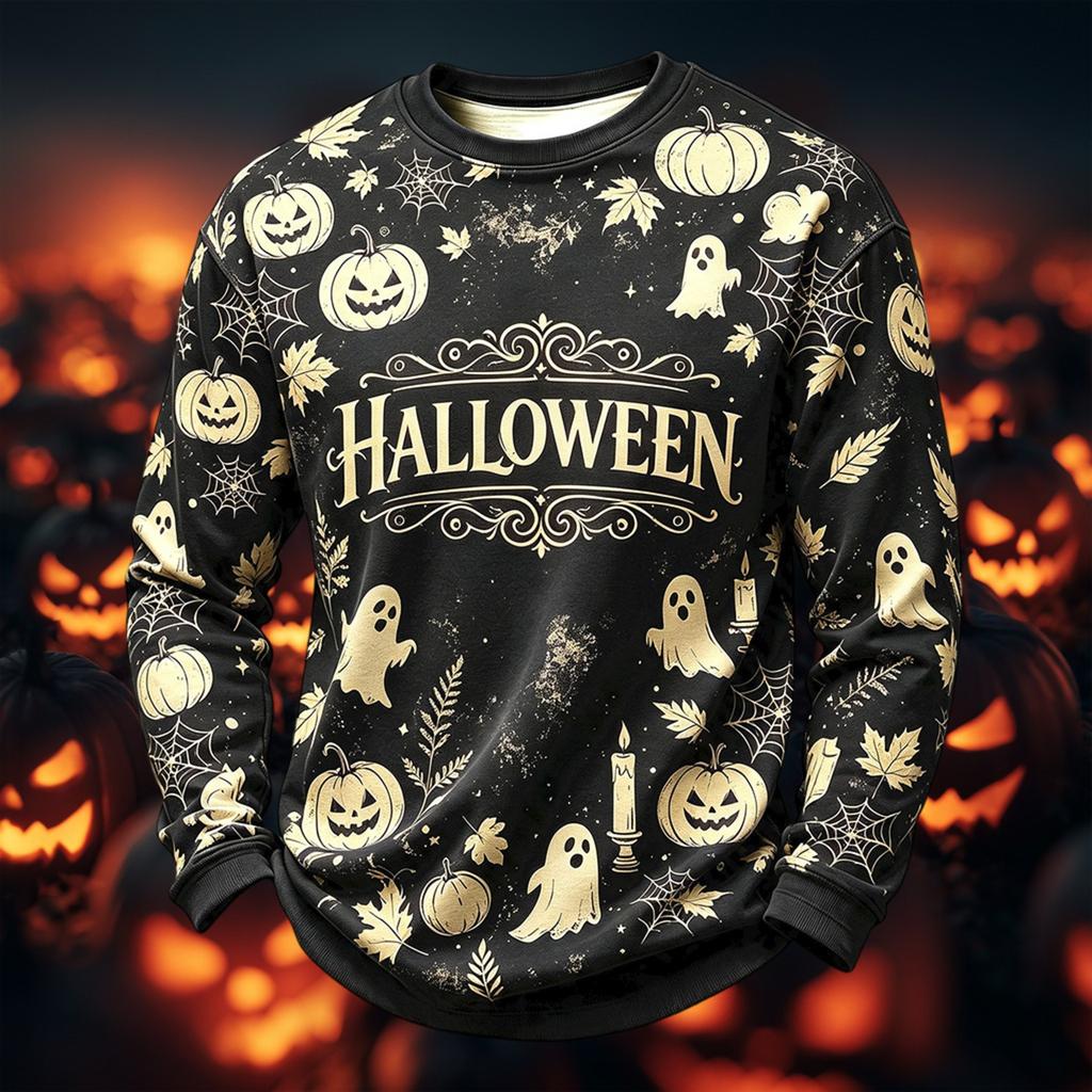 Men's Casual Round Neck Long Sleeve Top with Halloween Print