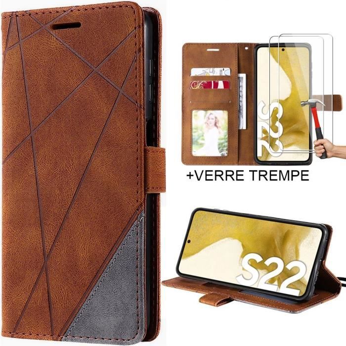 Lot de 2 Verres Trempés+ Coque pour Samsung S22 - Protection Intégrale Anti-Rayure Effet Cuir Marron