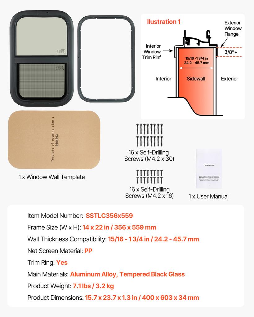 SucceBuy Vertical/Exit/Horizontal RV Window Tinted RV Window with Net Screen&Trim Ring RV Window Replacement for Trailer Camper