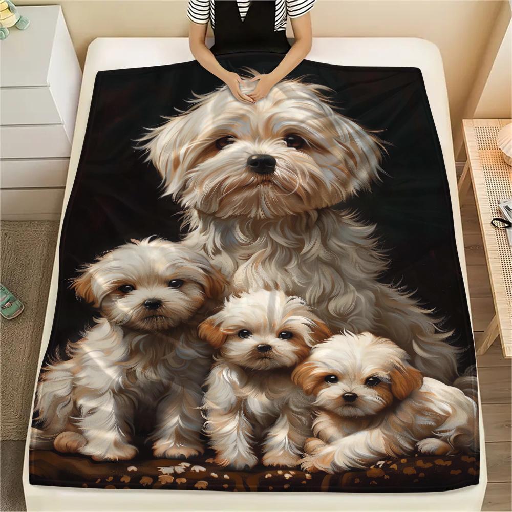 1Pc Cute Puppy Print Flannel Blanket, High quality Comfortable for All Seasons, Home Decor, Warmth and Comfort, Perfect for Christmas Gifts