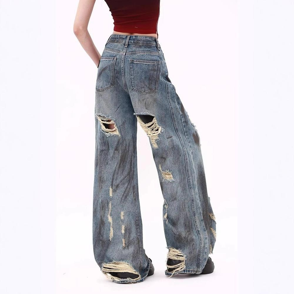 Blue Do Old High Street Broken Jeans Female Europe and The United States In The Fall Design Sense Hundred Match Lethargic Wind Dirty-dye Mopping Pants