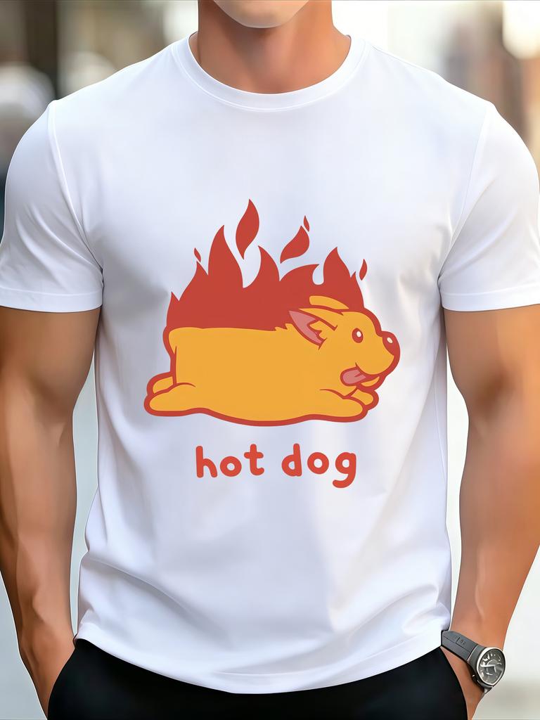 Funny Flame Hot Dog Cartoon Letter Print Unisexs Crew Neck Short Sleeve Casual Basic Summer Daily Soft Comfort Fit Wear Tee Shirt