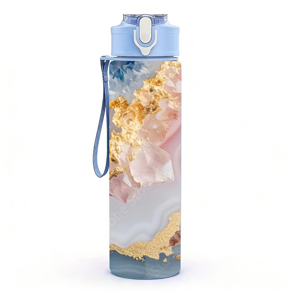 1PC Beige Gold Geode Marble Pattern 750ml Color Plastic Sports Water Bottle Leakproof Flip Straw Lid Suitable for Sports Office Home Use