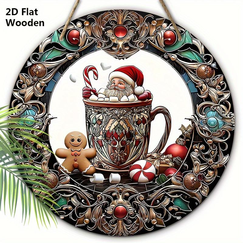 Christmas Hot Cocoa Wooden Sign with Santa Claus & Gingerbread Man Pattern - Navidad Sign for Front Door, Wall Hanging Decor - Ideal Christmas Decor