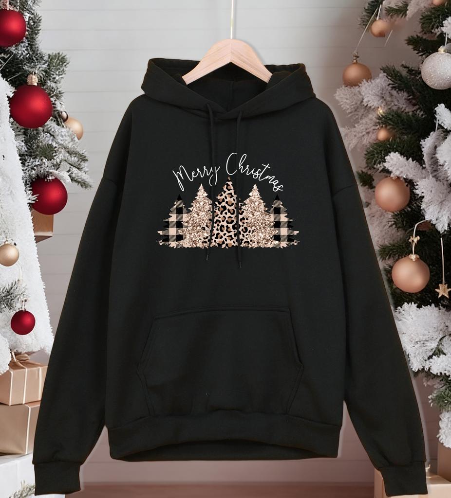 Merry Christmas Leopard Plaid Trees Printed Hoodies Men Fashion Loose Hoody Fleece Autumn Pullovers All-Match Pocket Streetwear