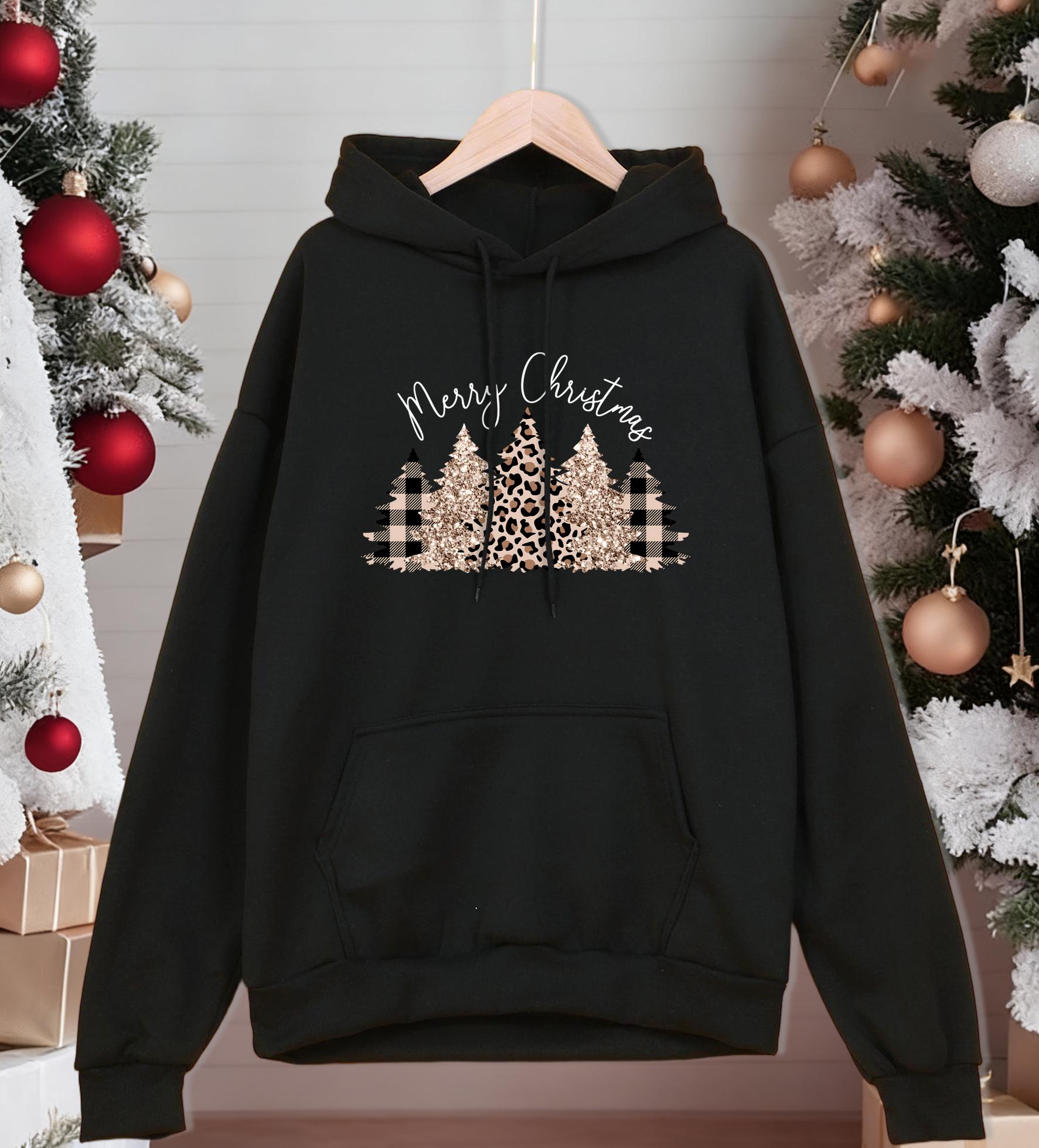 

Merry Christmas Leopard Plaid Trees Printed Hoodies Men Fashion Loose Hoody Fleece Autumn Pullovers All-Match Pocket Streetwear 3XL