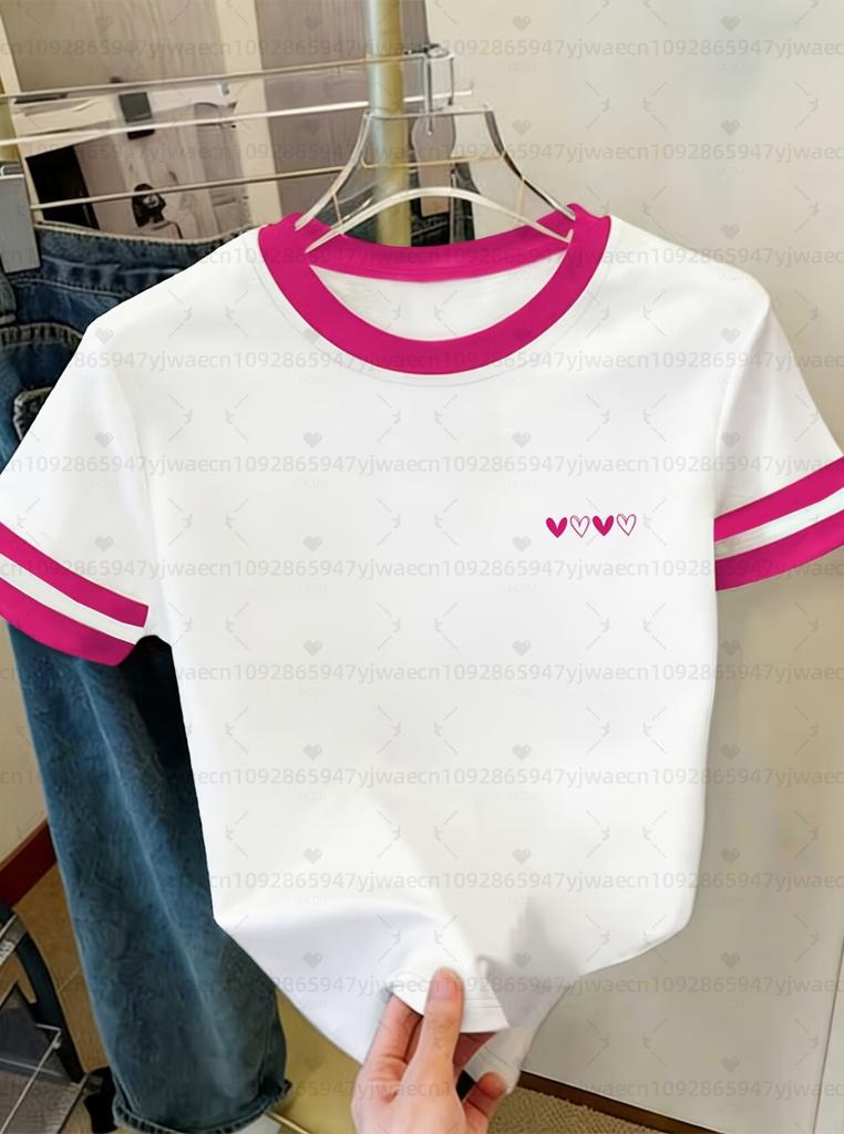 2026 summer Womens Short Sleeve Edition Red Heart Print T-Shirt Girl Round Neck Outdoor Sports plus-size beach surf t-shirt