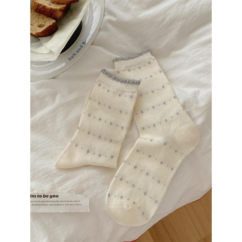 

Осенне-зимние кашемировые теплые носки до середины икры для модных женщин, носки с ромбовидным цветочным узором, кружевные носки с отворотом 1 pair молочный белый