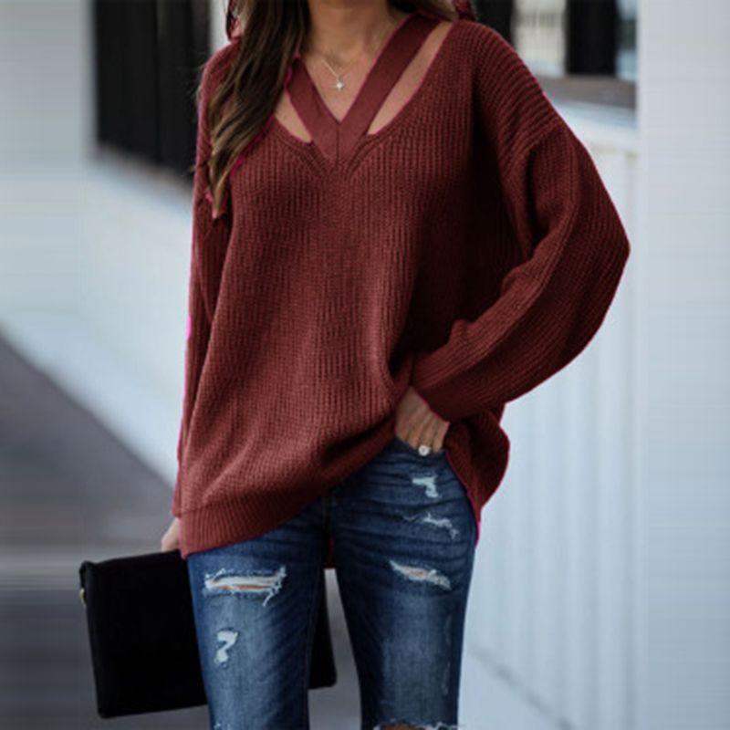 Autumn Winter Solid Colour Knit Pullover Loose Fit Plus Size Elegant Commuter Double V Neck Sweater for Women Luxurious Relaxed Versatile Top