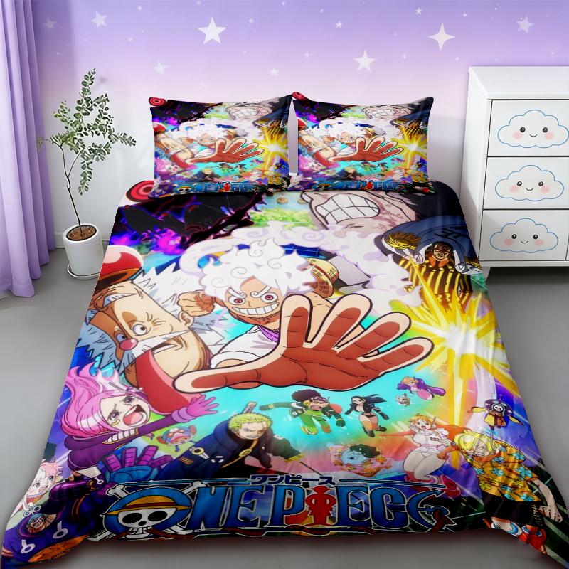 Duvet Cover One Piece Kids Cartoon Luffy Bedding Set with 2 Pillowcases Soft and Cozy Bedroom Bed Decor Teens Boys Best Gifts