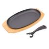 Oval Cast Iron Fajita Skillet Pan Set Small Sizzling Steak Plate with Wooden Base and Handle Sizzling Plate for