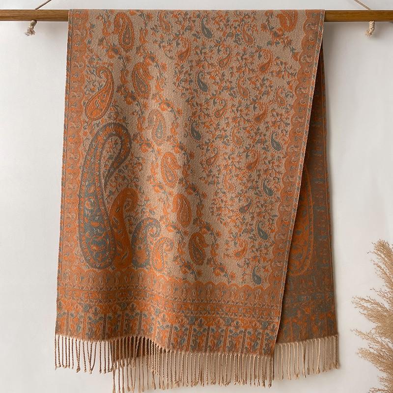 Thick Pashmina Silk Scarf Shawl Wrap Paisley Jacquard Flowers Borders Layers Reversible Classic Tassels For Women 65*200Cm