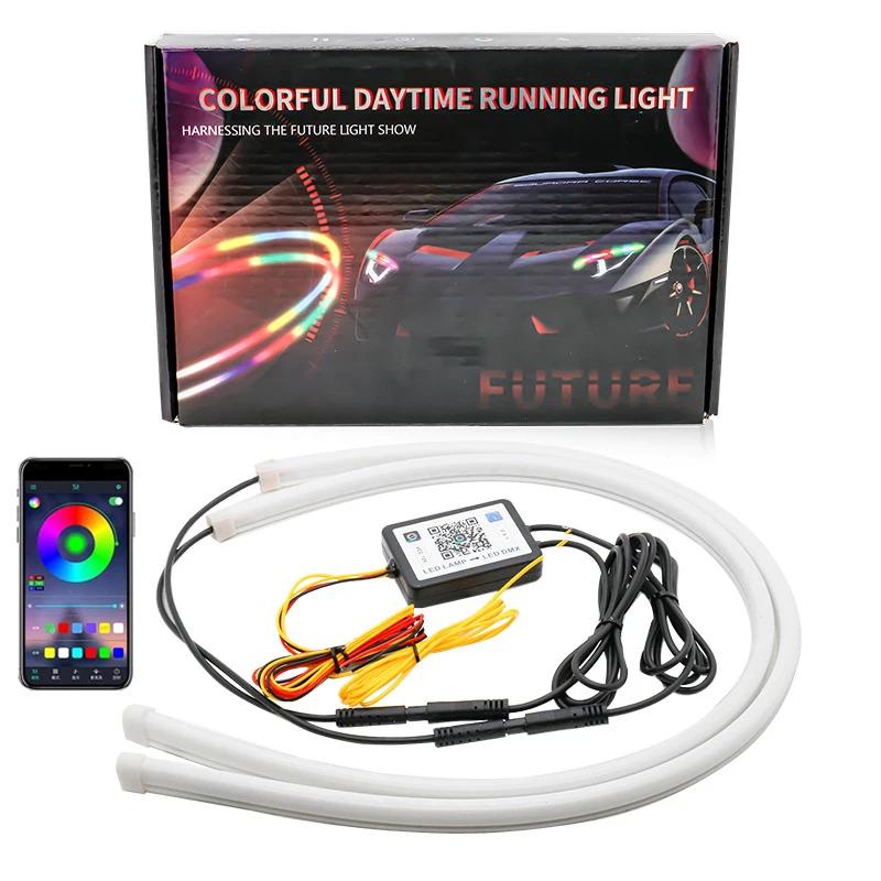 2Pcs RGB LED DRL Daytime Running Light Flowing Turn Signal Lamp APP/RF Remote Control LED Headlight Strips For Car Accessory 12V