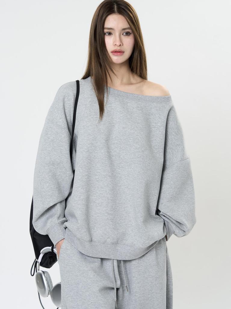 Louvre Spring Korean Athflow One-Shoulder Relaxed Sweatshirt for Women
