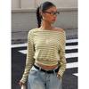 Damen S Gestreiftes Off-Shoulder Langarm Cropped T-Shirt