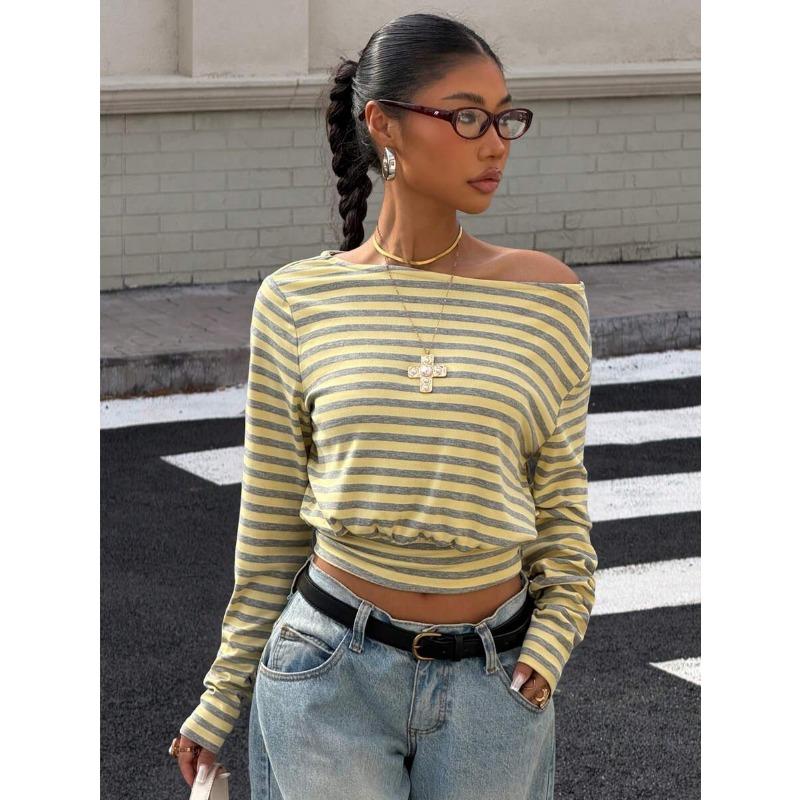 Damen S Gestreiftes Off-Shoulder Langarm Cropped T-Shirt