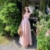French Holiday Style Pink Suspender Dress Female Summer Pure Want To Look Thin Sweet Waist Cake Dress Big Swing Dress Long Dress
