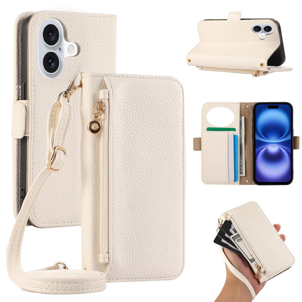 For iPhone 16 Wallet Phone Case Shockproof TPU+PU Leather Flip Cover with Mirror, Strap - Brown