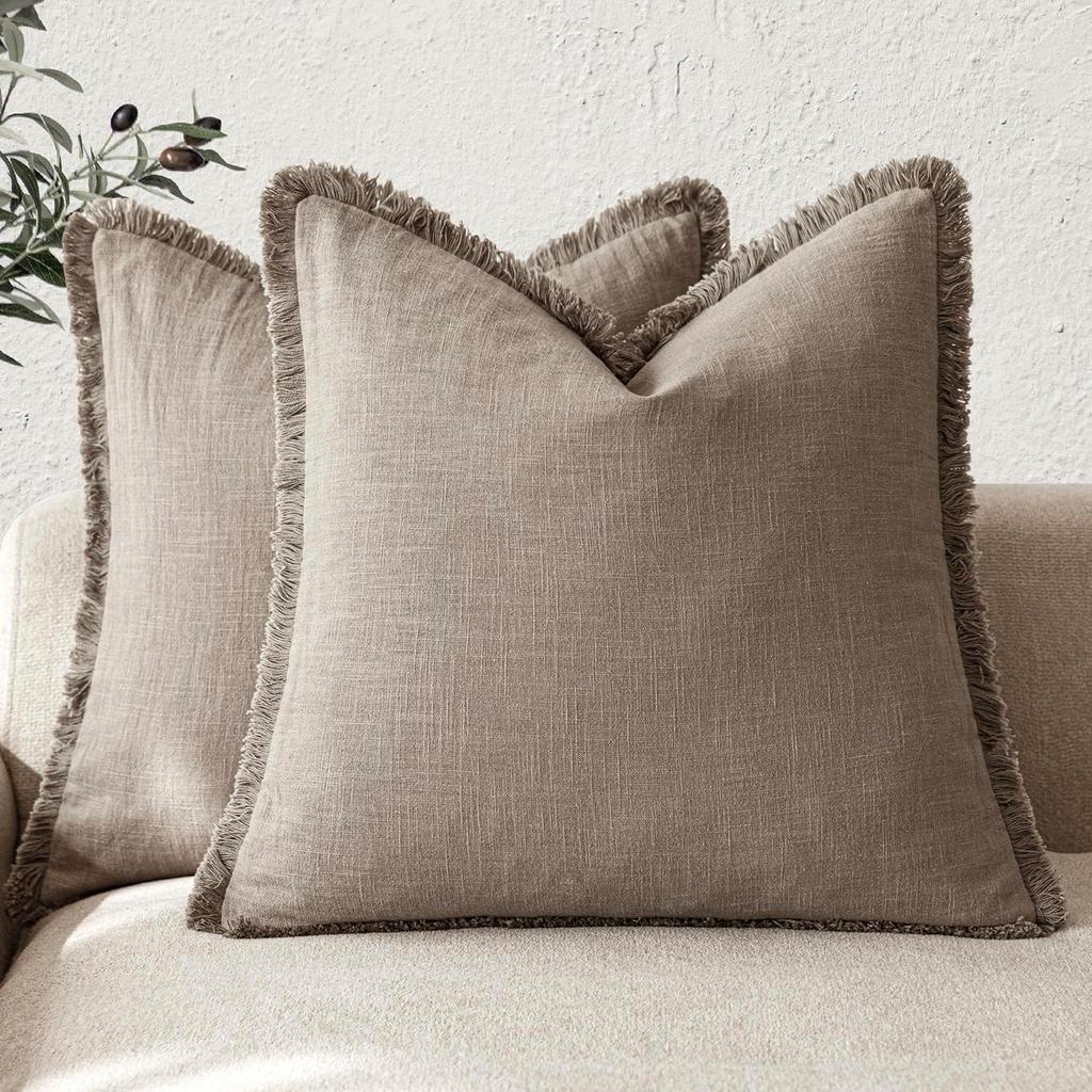 Fundas de Cojín Decorativas de Lino Verde Oliva con Flecos Estilo Boho Granja con Borlas Funda de Cojín para Sofá Sala de Estar 18×18 Pulgadas