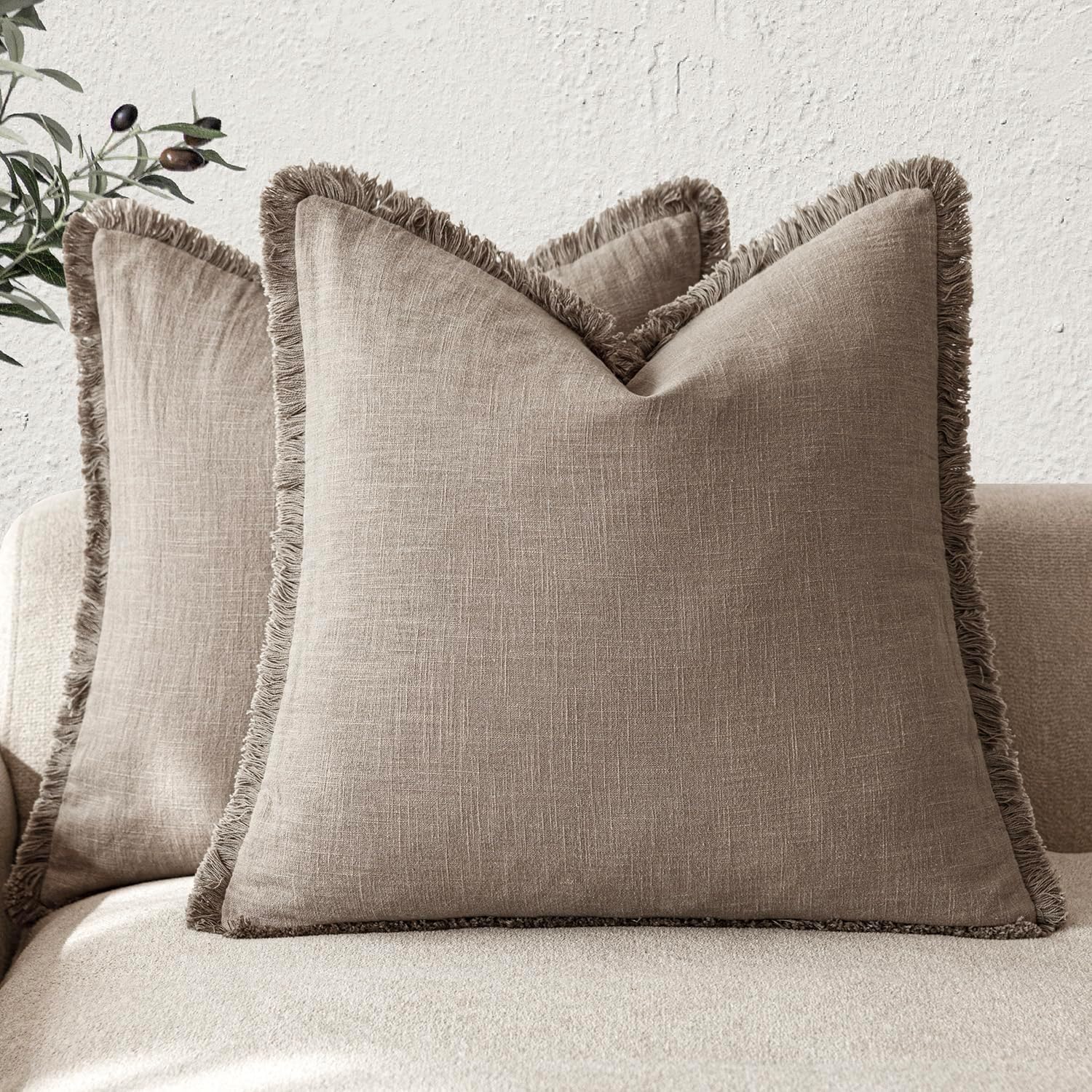 Olijfgroene Linnen Franje Kussenhoezen Boho Boerderij Kussenhoes met Kwastjes Bank Woonkamer Kussensloop 18×18 Inch 50x50cm