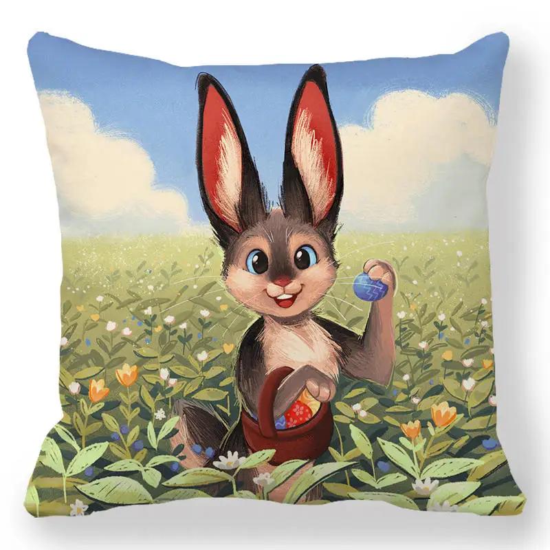 Easter Decorative Pillowcase Cartoon Egg Rabbit Flower Print Cushion Cover Bedroom Room Home Decor 45X45 Cm