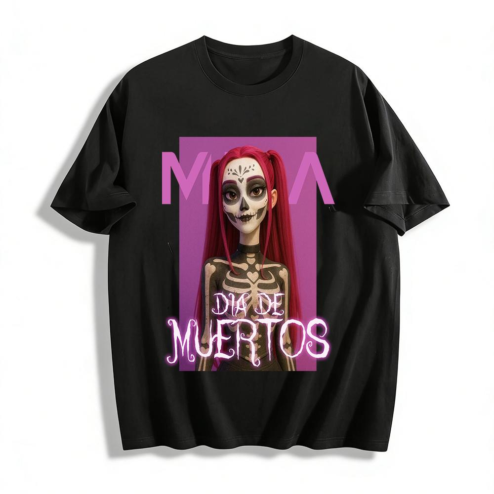 

Day of the Dead Skeleton Print Long Sleeve Top Niche Festival Vibe Slim Fit Crewneck Pullover Pure cotton T-shirt XXS