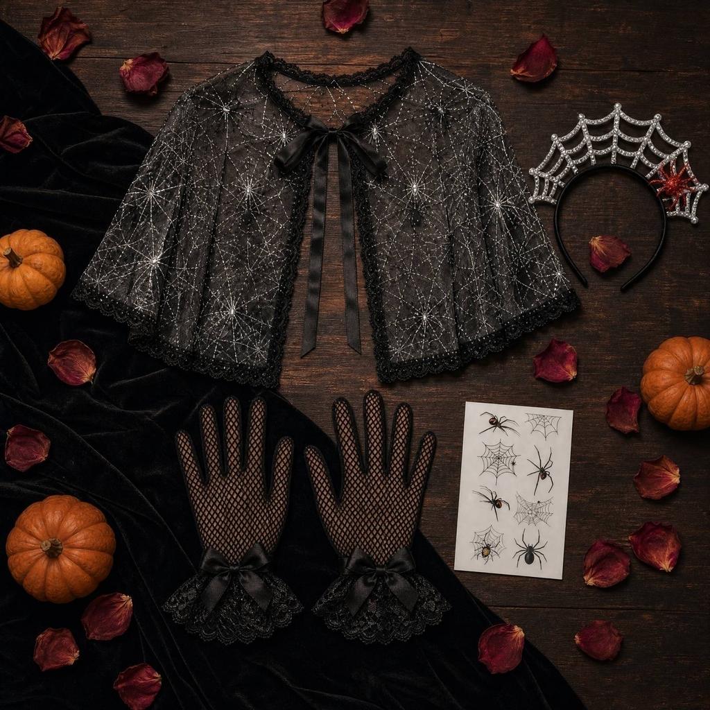 Halloween Costume Accessories Set Headband Cape Gloves Stickers for Women