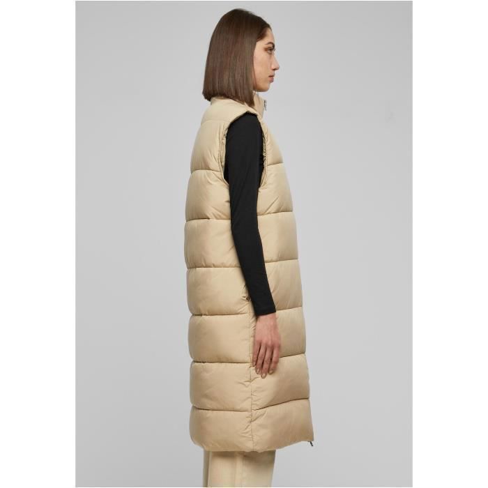 Doudoune Longue Femme - Urban Classics - Gilet Long - Beige - Col Montant - Poches Latérales